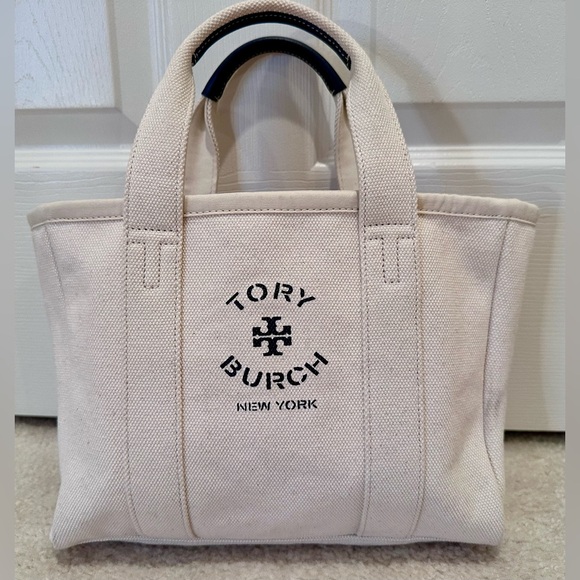 Tory Burch Cream Canvas Mini Mercer Tote with Navy Logo - Picture 4 of 10